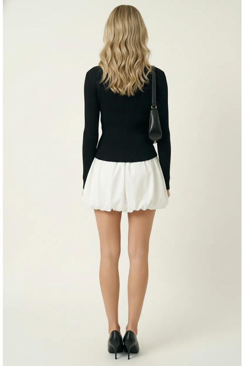 Knit and Woven Fit-and-Flare Mini Dress with Ribbed Long Sleeve Top, Alternate, color, Black / White