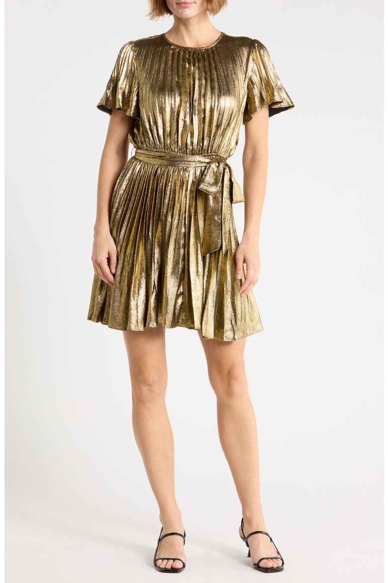 Plissé Pleat Tie Waist Dress, Main, color, GOLD
