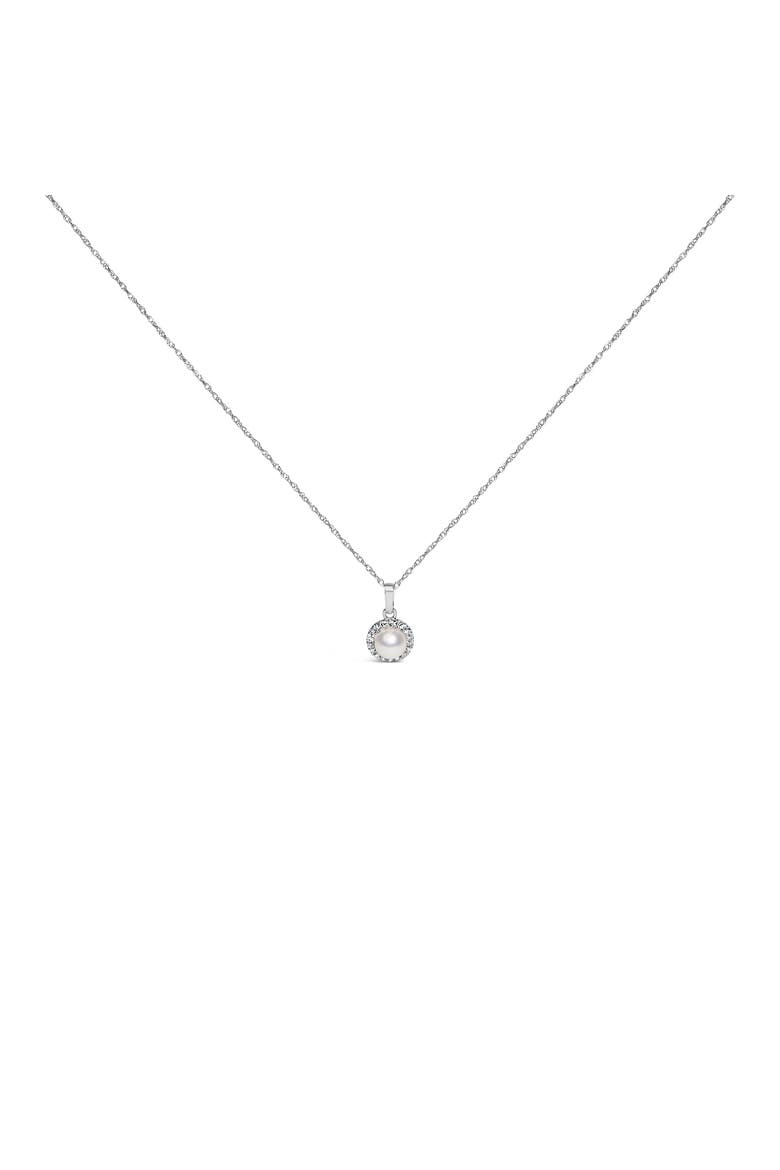 10K White Gold 5MM Cultured Pearl and Diamond Accent Halo Pendant Necklace, Main, color, White Gold