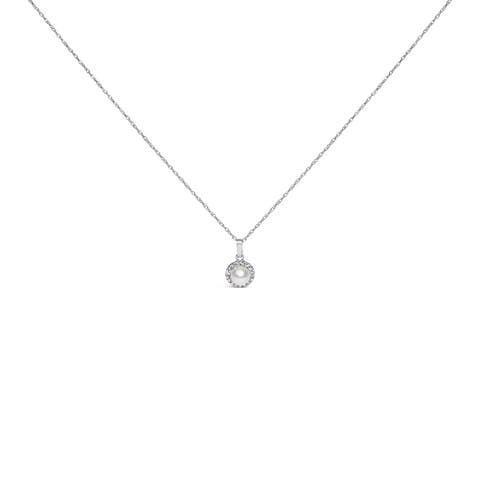 10K White Gold 5MM Cultured Pearl and Diamond Accent Halo Pendant Necklace