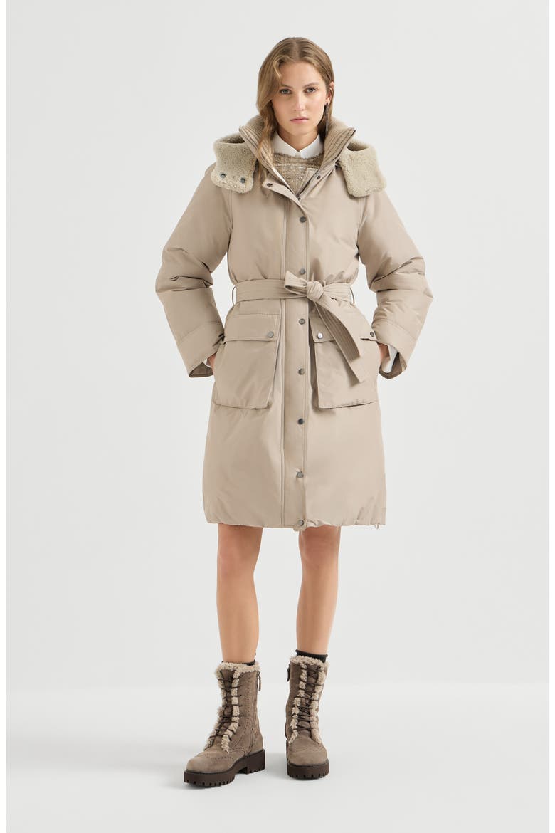 Techno cotton taffeta belted down coat with detachable shearling hood and shiny zipper pull, Main, color, Beige