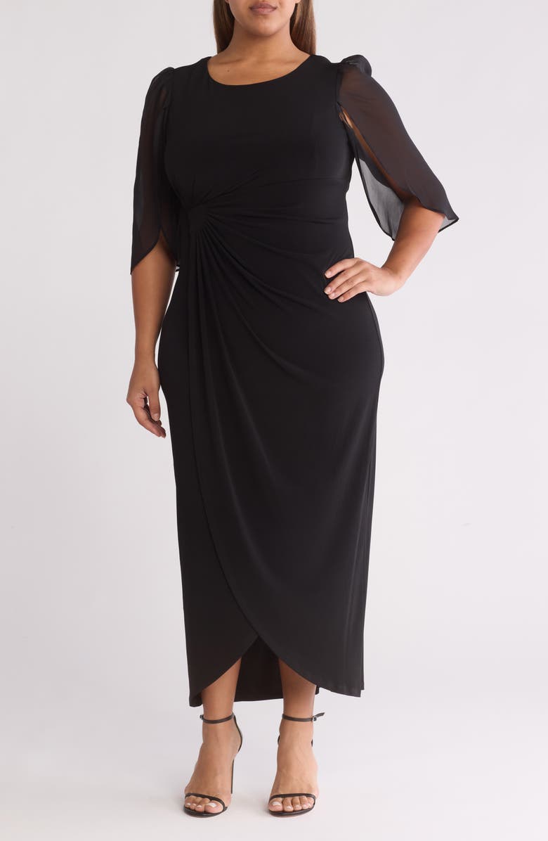 Connected Apparel Cape Sleeve Faux Wrap Dress, Main, color, Black