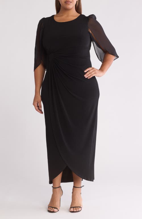 Connected Apparel Cape Sleeve Faux Wrap Dress in Black 