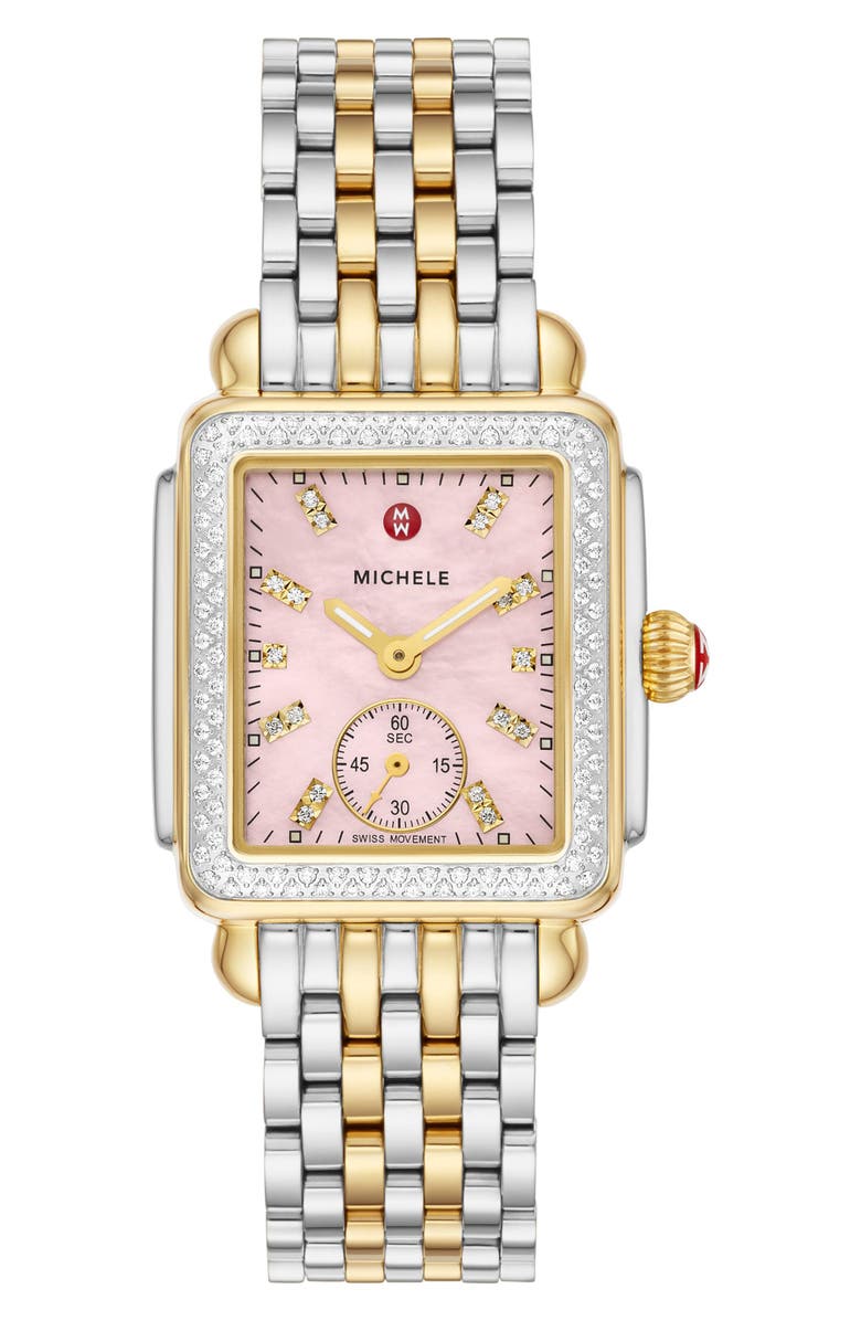 MICHELE Deco Mid Diamond Two-Tone Bracelet Watch, 29mm x 31mm, Main, color, 