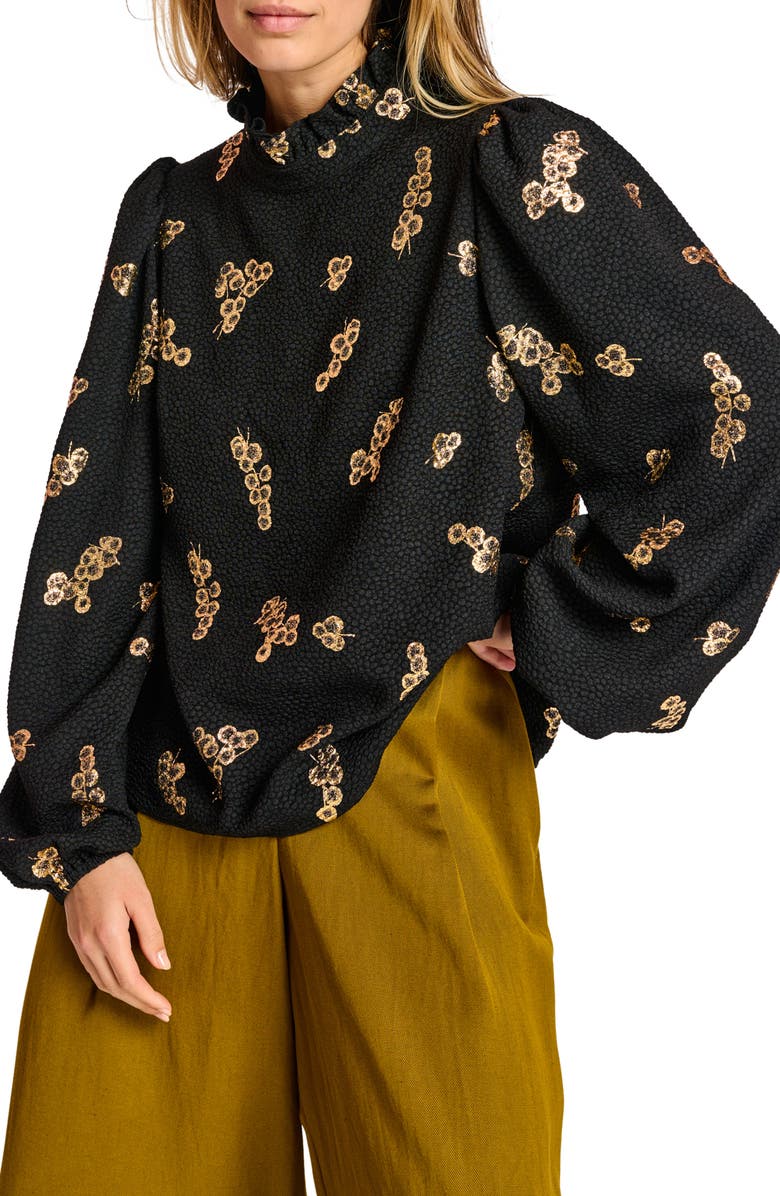 Essentiel Antwerp Adries Gold Floral Ruffle Neck Top, Main, color, 