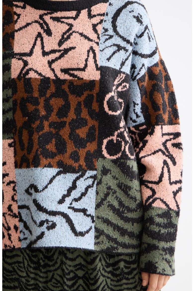 Oversize Jacquard Pullover Sweater, Alternate, color, LEOPARD PATCHWORK JACQUARD