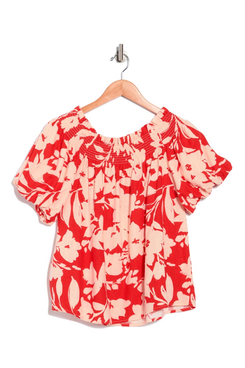 Floral Off-the-Shoulder Puff Sleeve Top, Alternate, color, FLAME SCARLET