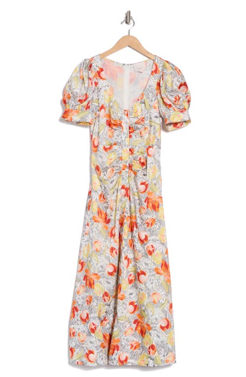 Cinq À Sept Ximena Draped Floral Puff-sleeve V-neck Midi Dress In Ivory Multi