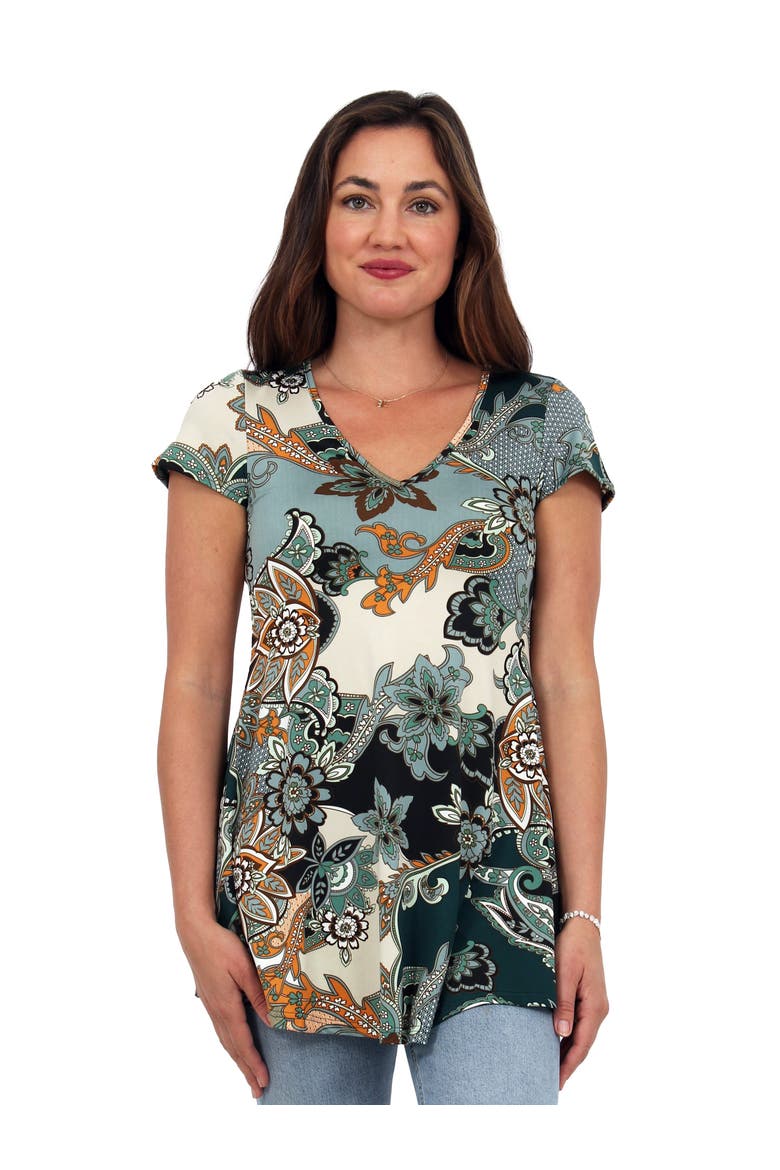 Basic Floral Print V-Neck Short Sleeve Flared Tunic Top, Main, color, Green Multi