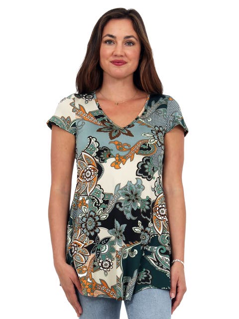 Basic Floral Print V-Neck Short Sleeve Flared Tunic Top