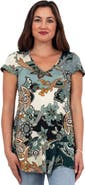 24seven Comfort Apparel Basic Floral Print V-Neck Short Sleeve Flared Tunic Top