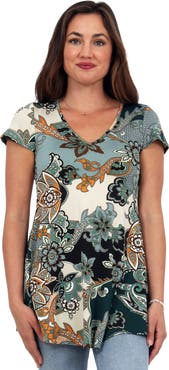 24seven Comfort Apparel Basic Floral Print V-Neck Short Sleeve Flared Tunic Top