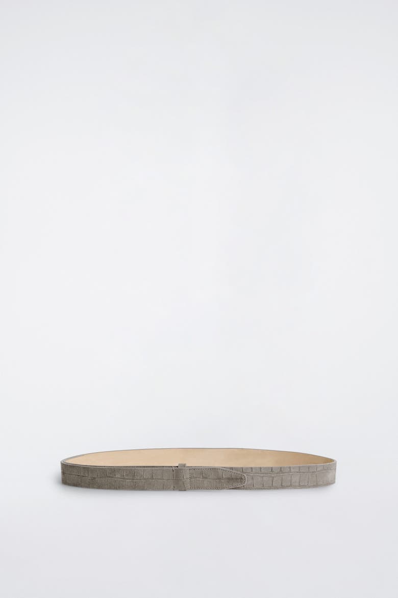 Croc-effect Suede Buckleless Belt, Main, color, GRAY