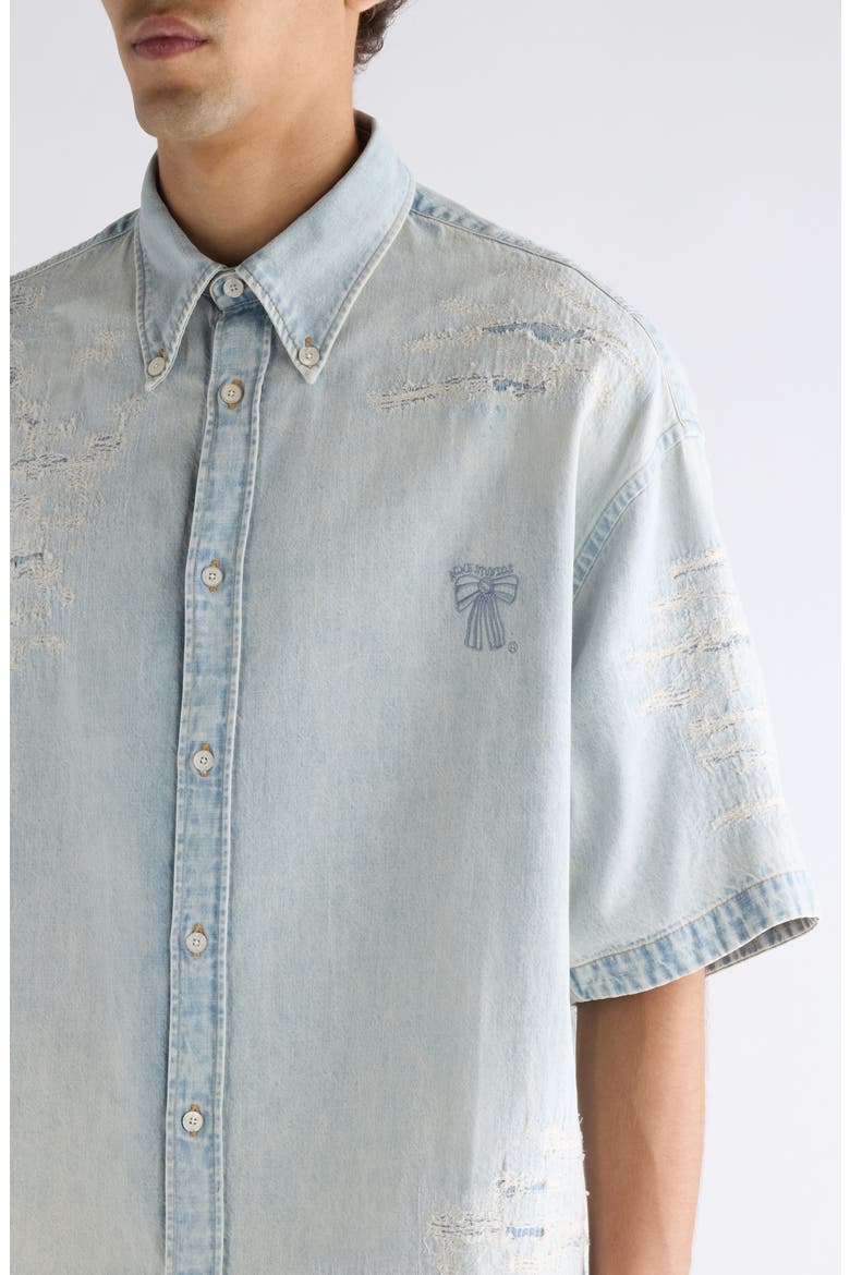 Setar Mending Distressed Short Sleeve Denim Button-Down Shirt, Alternate, color, LIGHT BLUE
