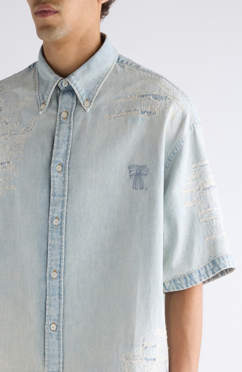 Acne Studios Setar Mending Distressed Short Sleeve Denim Button-Down Shirt, Alternate, color, Light Blue