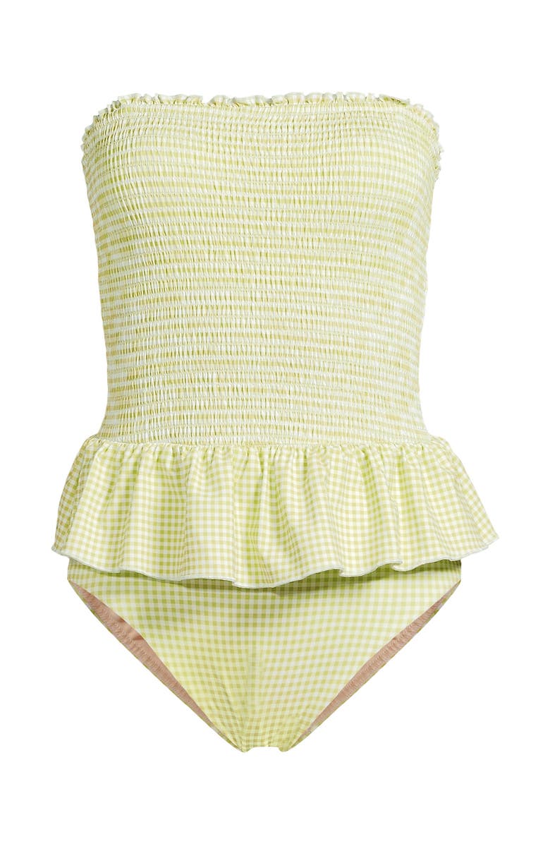 Lands' End Smocked Bandeau Peplum One Piece Swimsuit, Alternate, color, Bright Pistachio Gingham