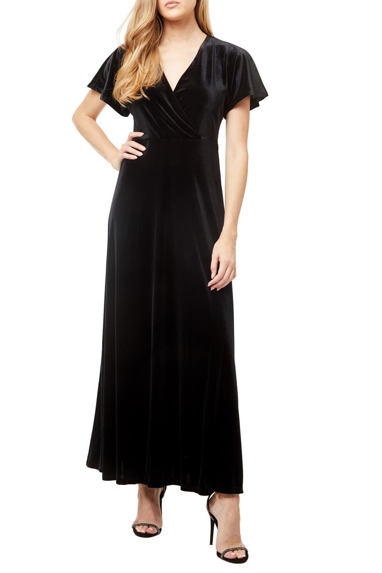 June Velvet Flutter Sleeve Maxi Dress, Main, color, BLACK