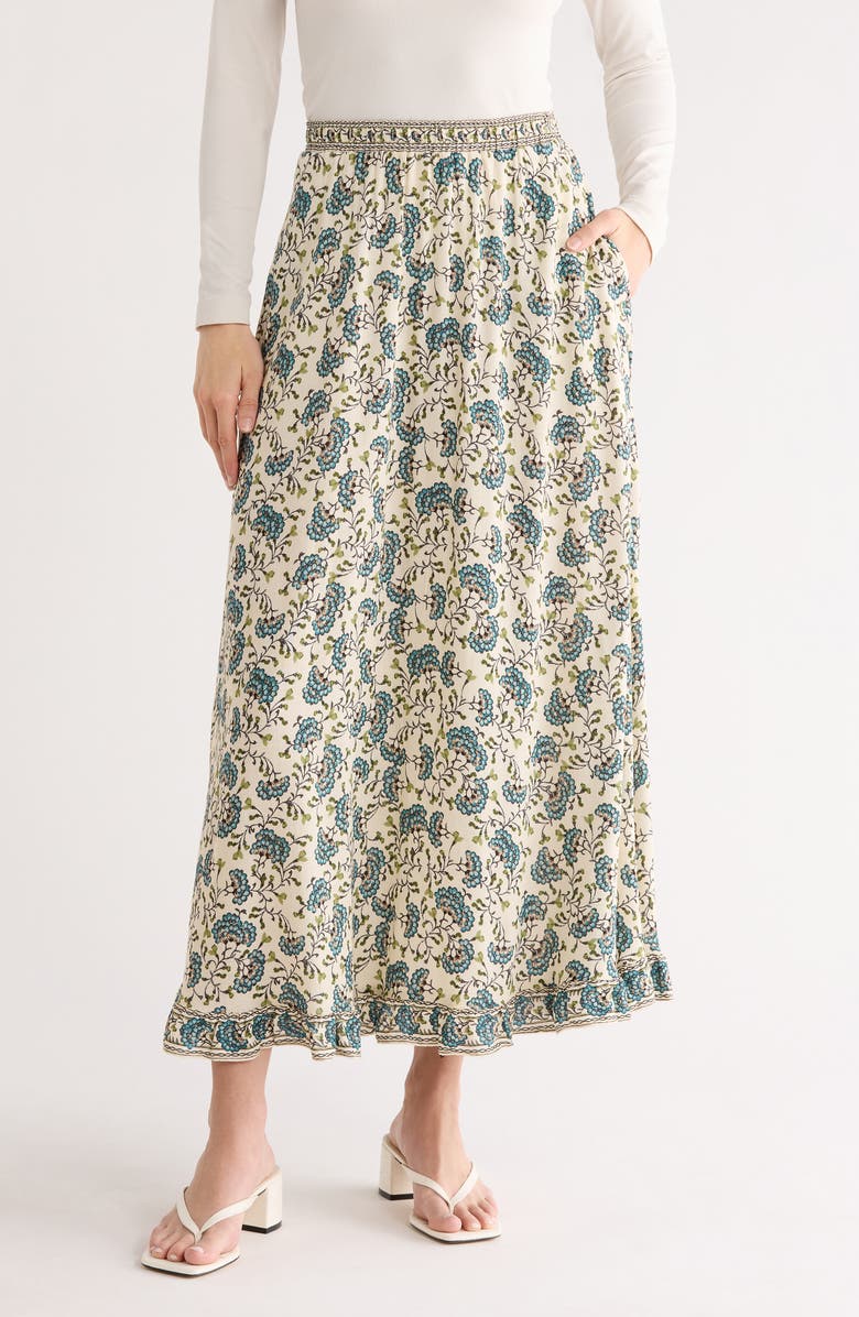 MAX STUDIO Floral Pull-On Maxi Skirt, Main, color, Cream/ Teal/ Sand