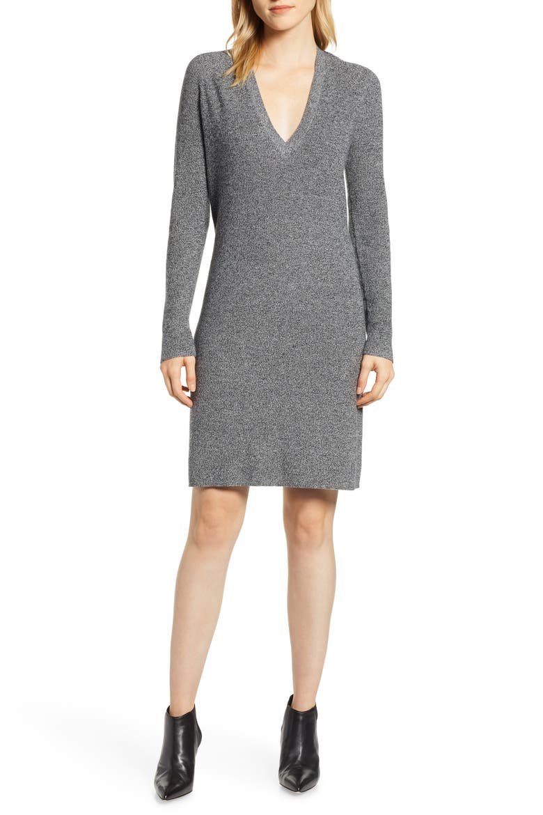 V-Neck Sweater Dress, Main, color, BLACK- WHITE MARL