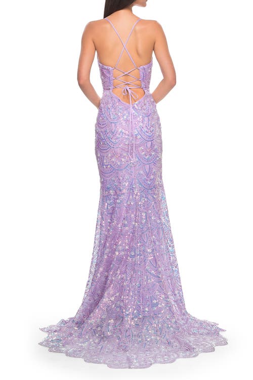 La Femme Print Sequin Mermaid Dress With Lace Up Back