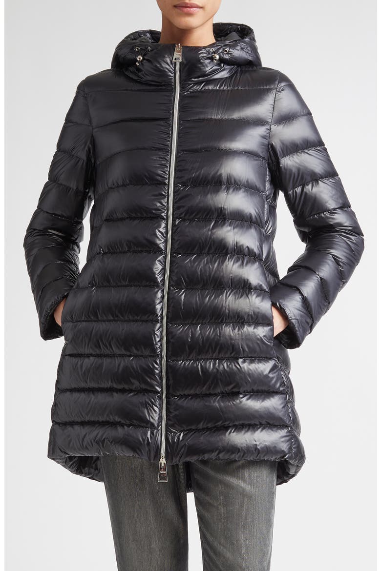 Shiny Nylon Hooded Down Puffer Jacket, Main, color, BLACK
