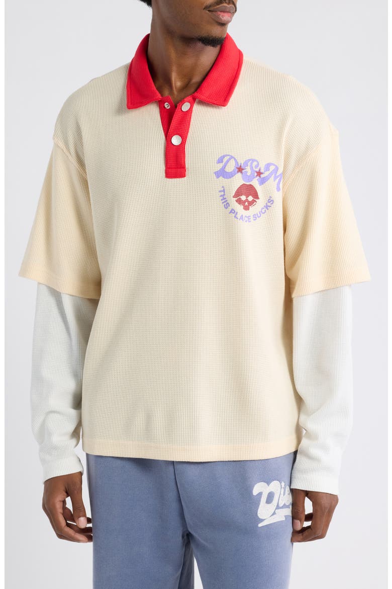 Hollywood Waffle Layered Look Graphic Polo, Main, color, ANTIQUE WHITE