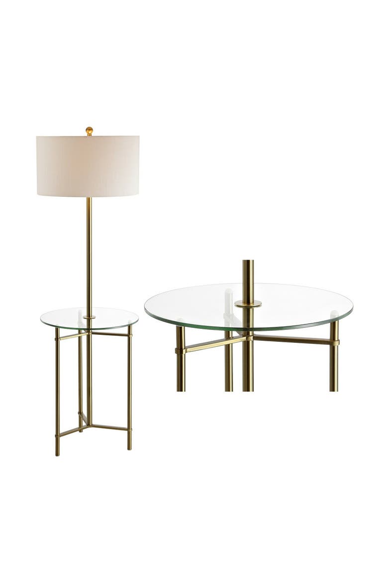 Chuck Modern Minimalist Metal and Tempered Glass LED 2-in-1 Space-Saving Tray Table and Floor Lamp, Main, color, Brass Gold