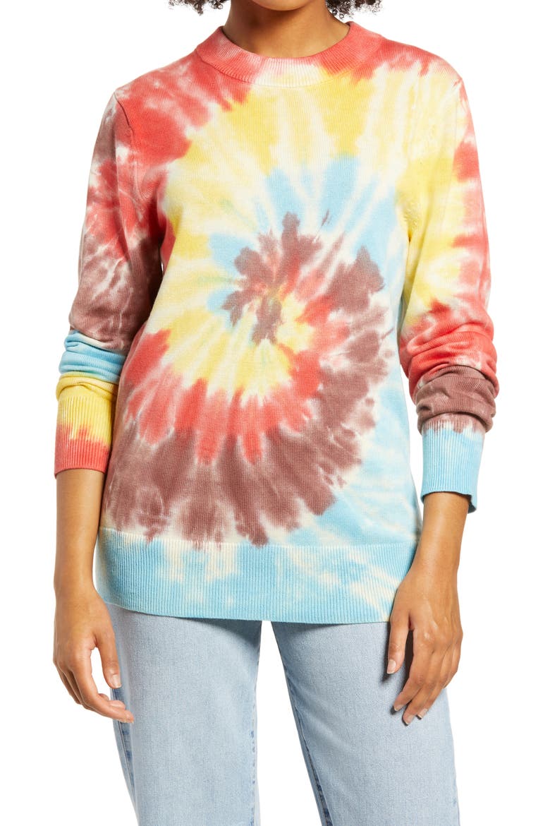 by BP. Gender Inclusive Tie Dye Crewneck Sweater, Main, color, RED MULTI TIE DYE