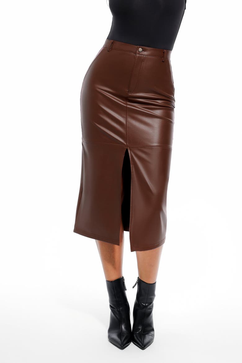 Sculpted Faux Leather Contour Skirt, Main, color, Saddle Brown