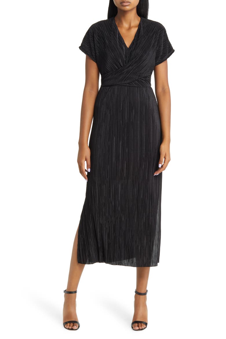 Twist Front Plissé Pleated Midi Dress, Main, color, ANNE BLACK