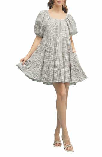 WISHLIST Plaid Puff Sleeve Cotton Blend Tiered Minidress