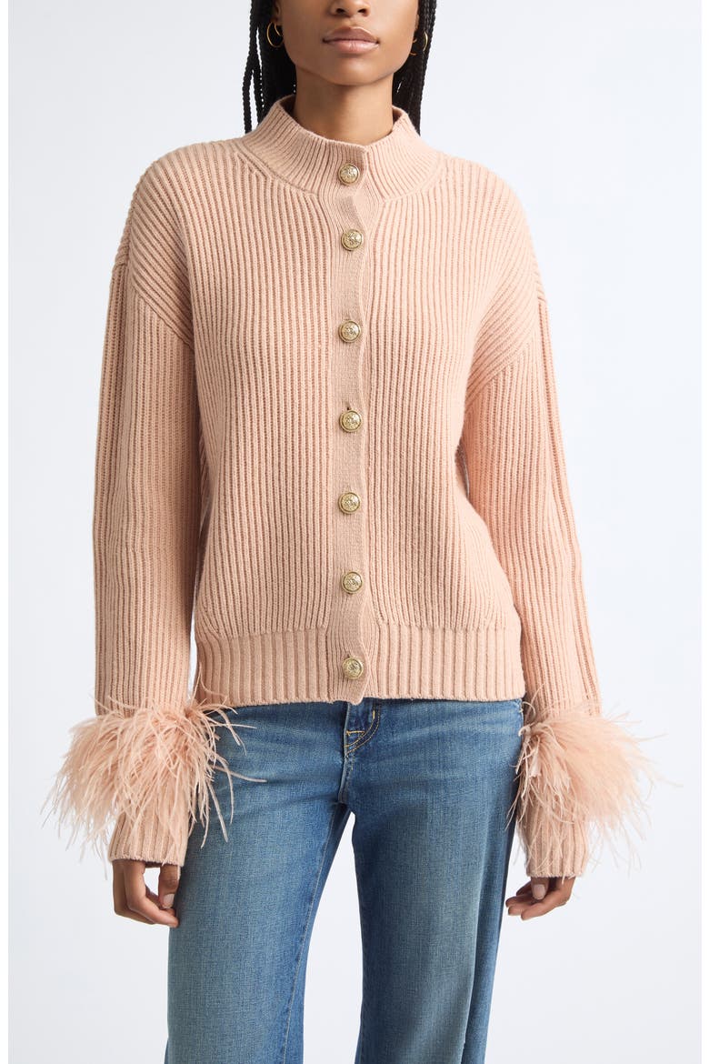 Laura Ostrich Feather Cuff Cardigan, Main, color, BLUSH