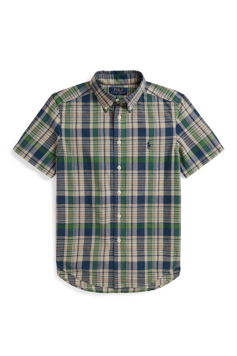 Kids' Madras Plaid Short Sleeve Cotton Button-Down Shirt, Main, color, WHITE NAVY MULTI
