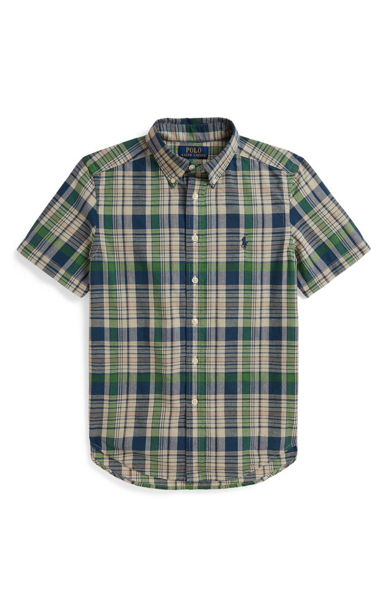 Polo Ralph Lauren Kids' Madras Plaid Short Sleeve Cotton Button-Down Shirt, Main, color, White Navy Multi