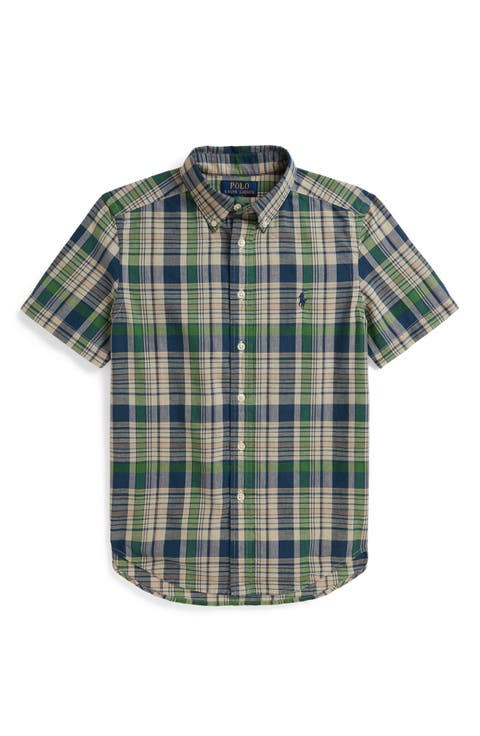 Kids' Madras Plaid Short Sleeve Cotton Button-Down Shirt (Big Kid)