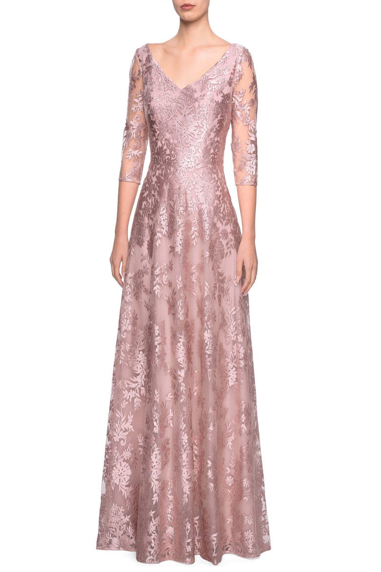 Floral Embroidered A-Line Gown, Main, color, MAUVE