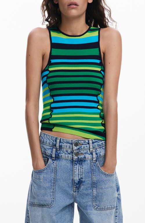 Desigual Striped T-shirt With Trim In Bluish Green