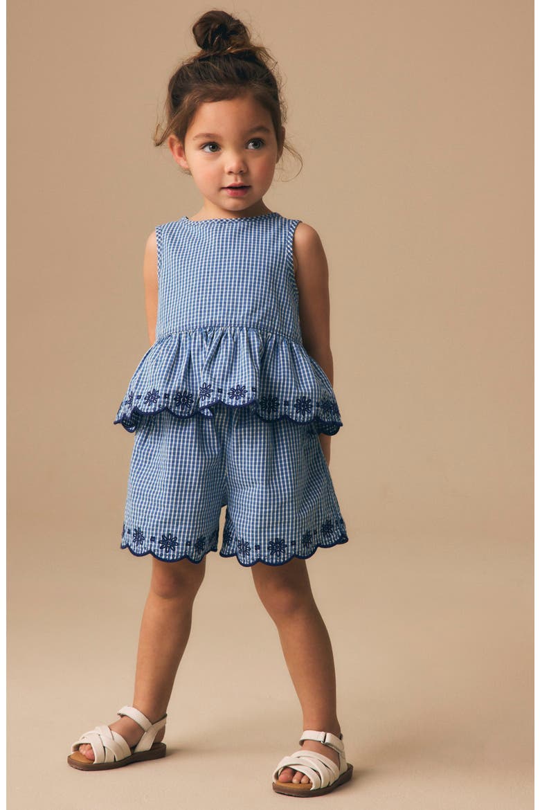 Kids' Gingham Broderie Cotton Tank & Shorts Set, Alternate, color, BLUE