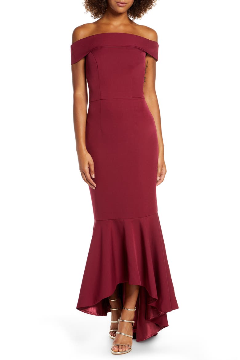 Roz Off the Shoulder Mermaid Gown, Main, color, BURGUNDY