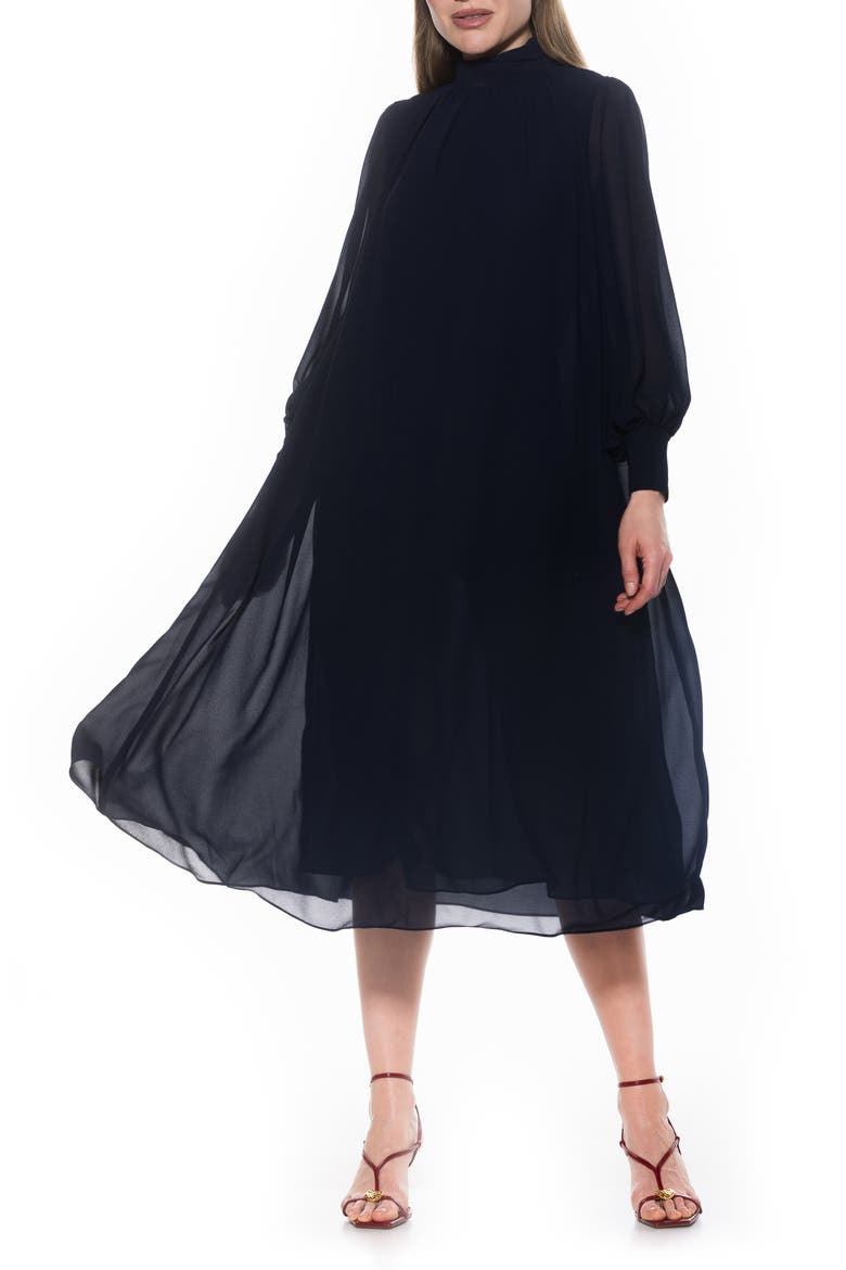 Kehlani Long Sleeve Chiffon Midi Dress, Main, color, BLACK
