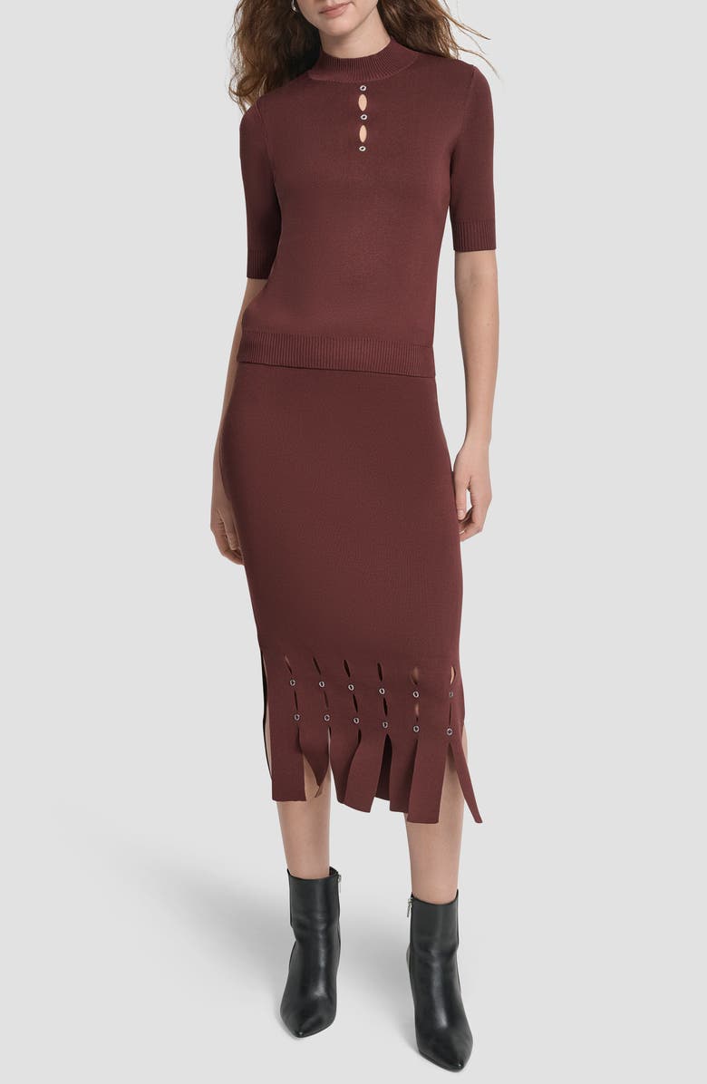 DKNY Cutout Grommet Mock Neck Sweater, Alternate, color, Bitter Chocolate