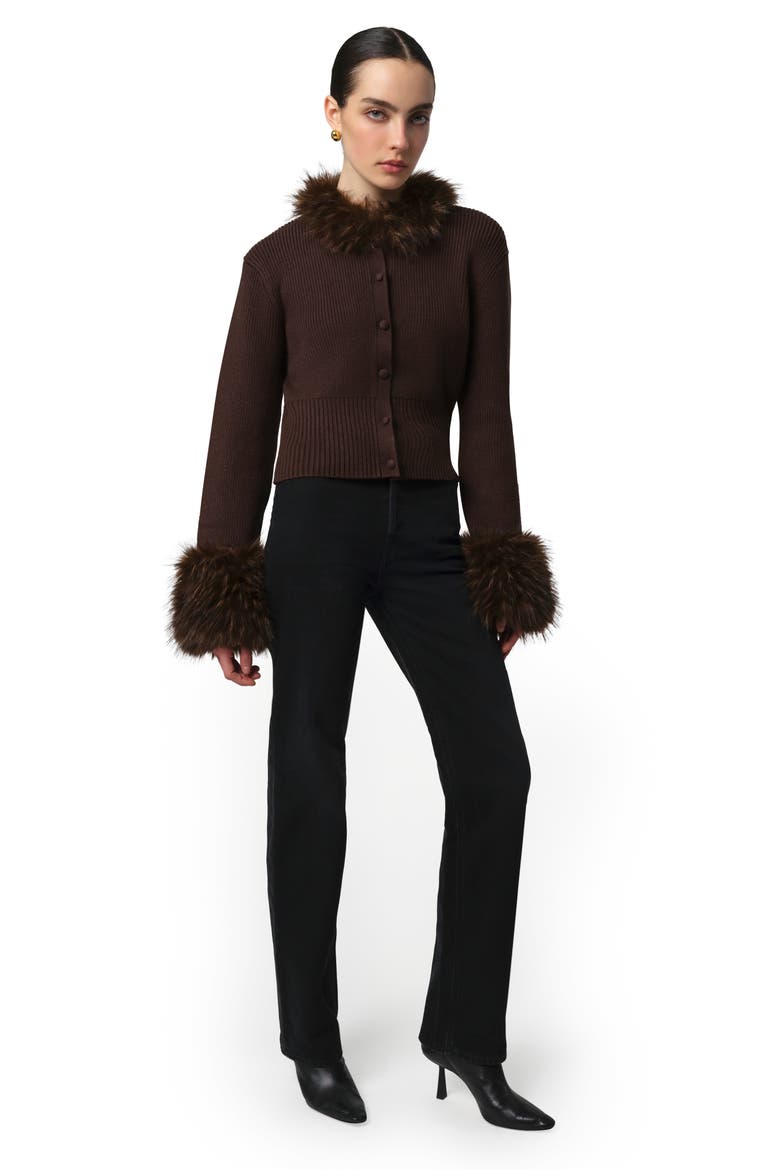 Rosa Pluche™ Faux Fur Trim Cardigan, Alternate, color, DARK BROWN / DARK BROWN