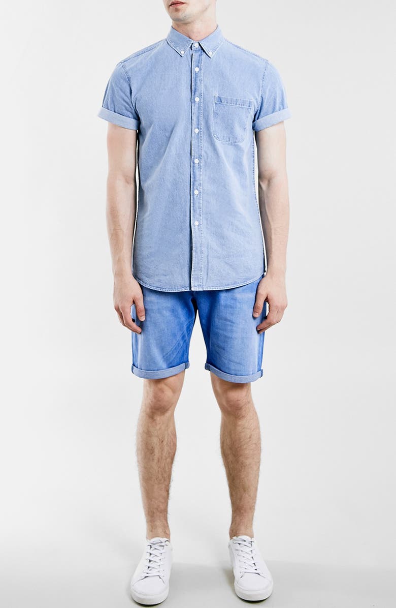 Topman Slim Fit Short Sleeve Washed Denim Shirt, Alternate, color,