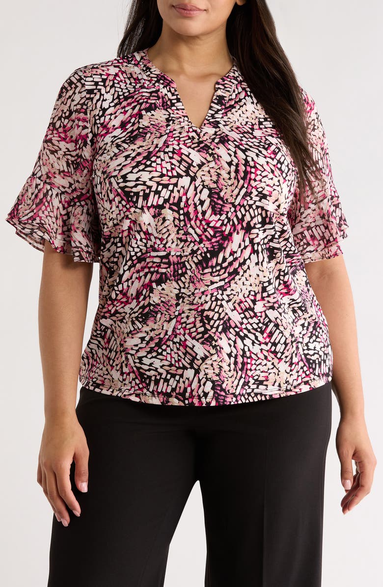 AK ANNE KLEIN Abstract Print Ruffle Elbow Sleeve Top, Main, color, Pink Berry Multi