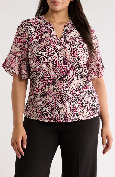 Abstract Print Ruffle Elbow Sleeve Top (Plus)