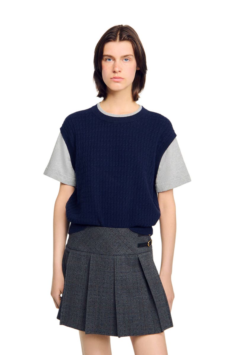 SANDRO Dual-material knit sweater, Alternate, color, Navy / Grey