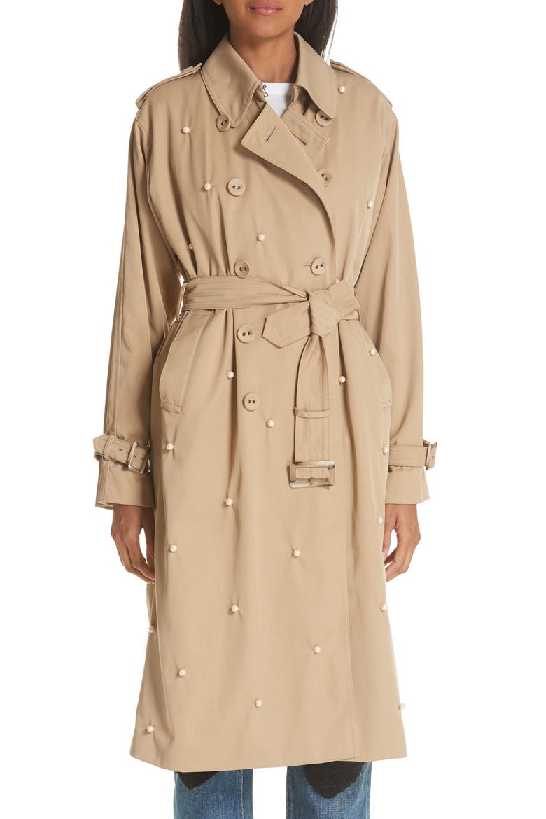 Imitation Pearl Embellished Trench Coat, Main, color, BEIGE BEIG