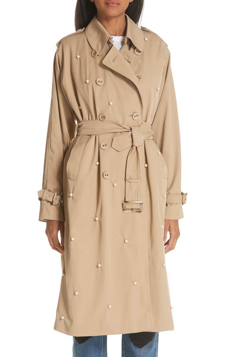 Tu es mon Trésor Imitation Pearl Embellished Trench Coat, Main, color, 