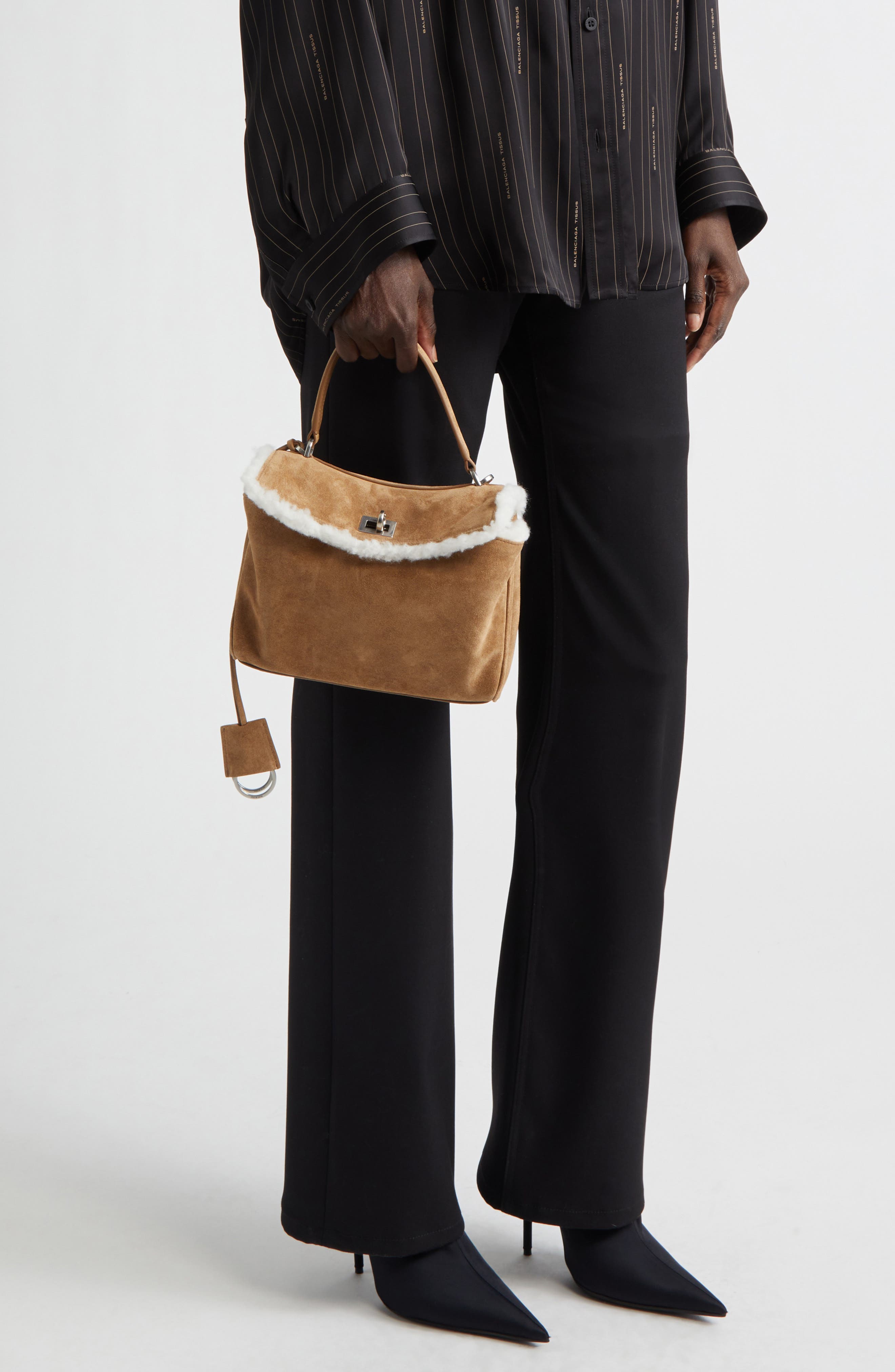 Balenciaga Mini Rodeo Suede & Fleece Top Handle Bag, Alternate, color, 2590 Noce/ White