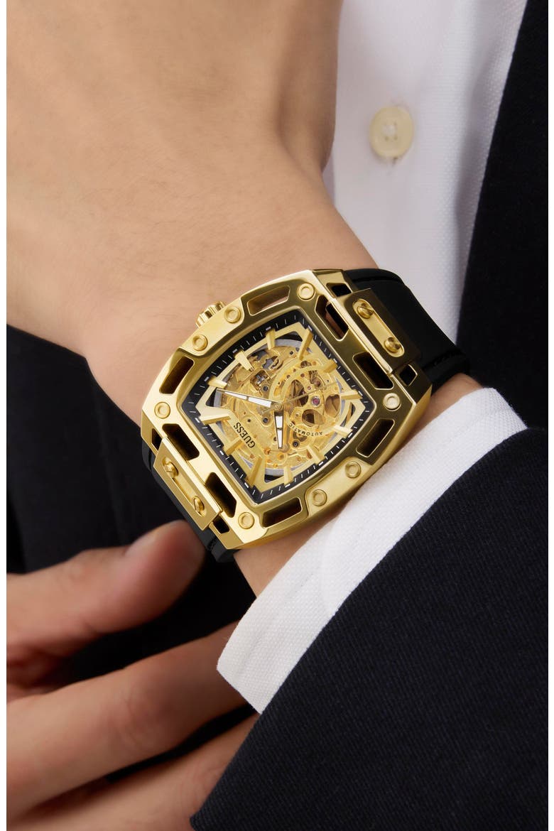 Phoenix Goldtone Skeleton Automatic Silicone Strap Watch, 43mm x 42mm, Alternate, color, BLACK